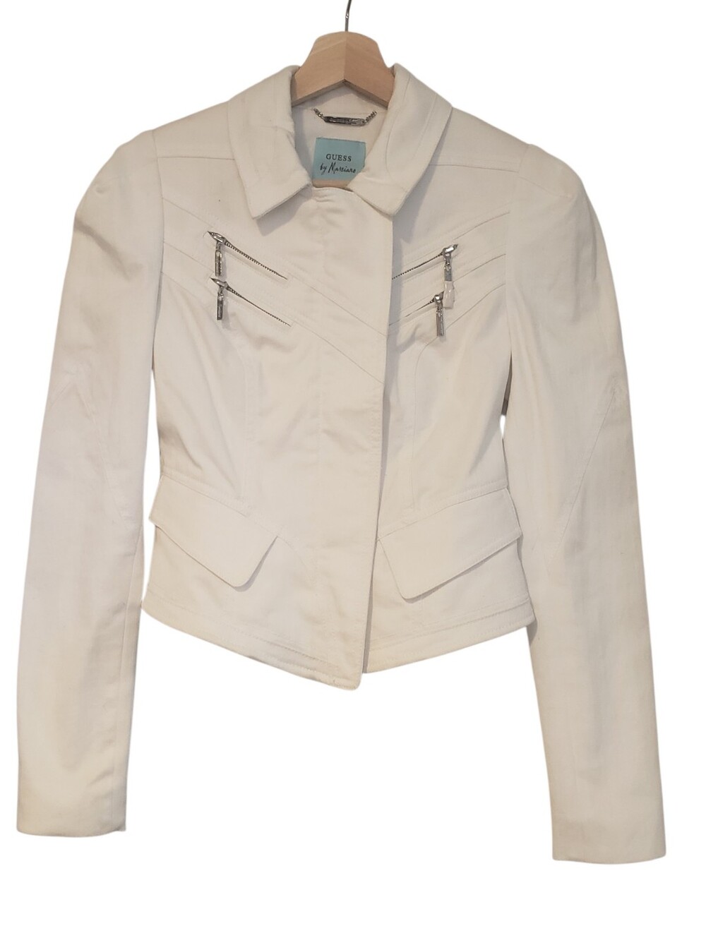 Guess By Marciano Jacket White Denim Moto Zip Up Shoulder Pads Y2K Size 4